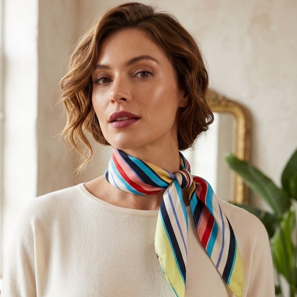 Multicolor Diagonal Stripe Square Neck Silk Scarf Blue‎ Red Yellow Silky Bandana - Picture 6 of 6